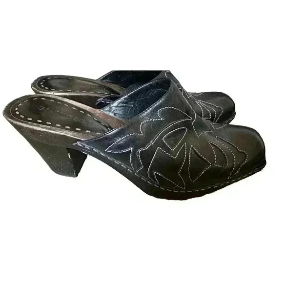 Gianni Bini Saddle Leather Clogs Black Slip On Mules Square Toe Heels 7M - Picture 3 of 6